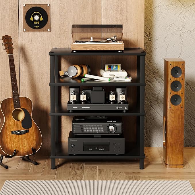 4-Tier AV Media Player Stand, Black Stereo Cabinet, Modern Stereo Cabinet, Wooden TV Stand,Game Console Shelf, Multifunctional Entertainment Center, Suitable for Home, Conference Room, Game Studio-NeatNest