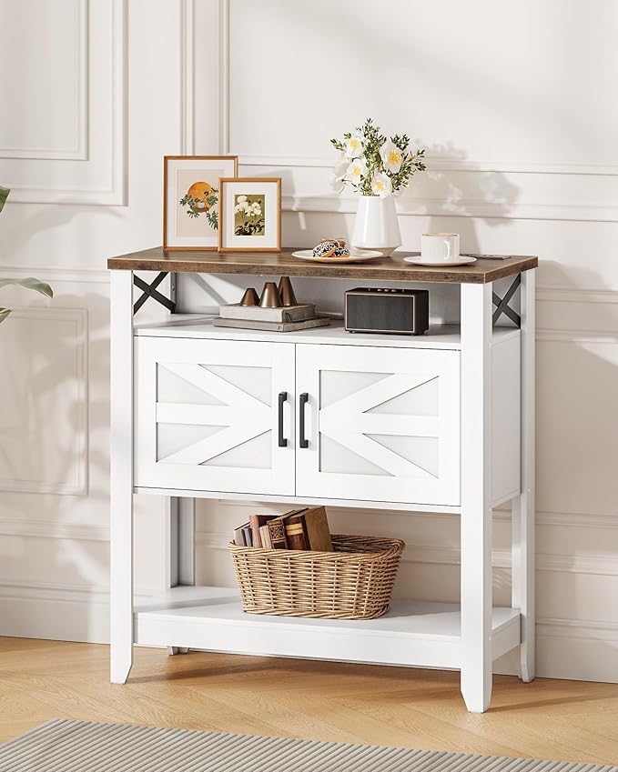 Console Table, Farmhouse Sofa Table with Power Outlet, Entryway Table with Cabinet and Open Shelves, Coffee Bar Cabinet with Storage for Entrance, Hallway, Kitchen, White and Walnut MXG01UWL-NeatNest