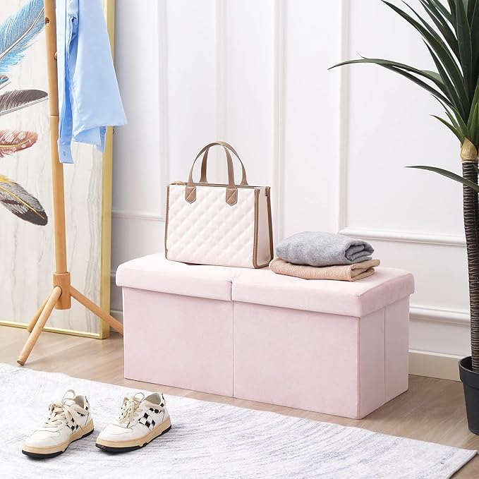 CUYOCA Storage Ottoman Bench Foldable Seat Footrest Shoe Bench End of Bed Storage with Flipping Lid, 75L Storage Space, 30 inches Velvet Pink-NeatNest