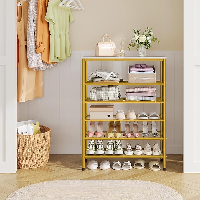 Tajsoon 6 Tier Shoe Rack Organizer for 20-24 Pairs of Shoes, Metal Mesh Shoe Shelf for Closet, Industrial Shoe Rack for Entryway Shoe Storage with X Shape Fixed Frame, White & Gold-NeatNest
