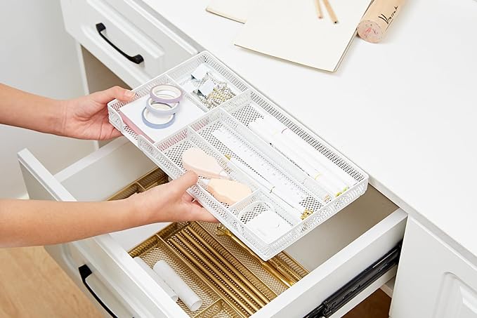 Annova Desk Drawer Organizer Tray for Office Organization - Metal Mesh - Storage Tray with Dividers for Pens, Desktop Accessories, Bathroom, Kitchen, Makeup and Office Supplies (Small, White)-NeatNest