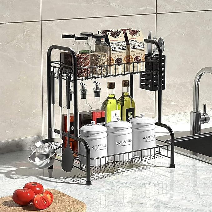 Bathroom Countertop Organizer With Toiletries Basket, 2 Tier Bathroom Counter Storage Rack with Adjustable Feetpad, No-Screw Caddy Stand for Vanity, Sturdy Metal Wire Black, Medium 12.8''L x 7.2''W
