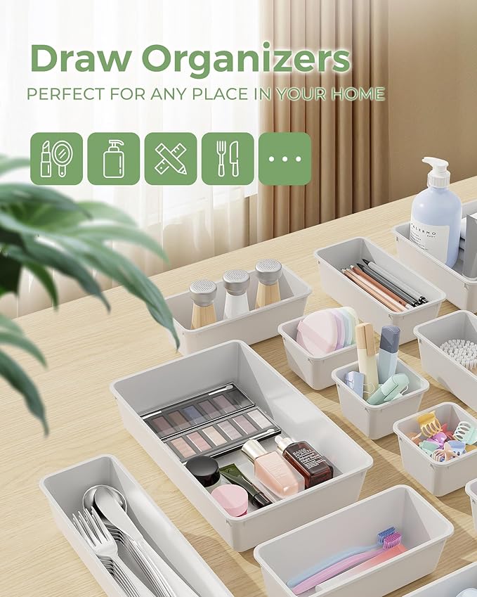 25 PCS Plastic Drawer Organizers Set, 4-Sizes Vanity and Makeup Organizer, Desk and bathroom Drawer Organizer Trays, Organizers and Storage for Makeup, Jewelry, Gadgets, Utensils (White)-NeatNest