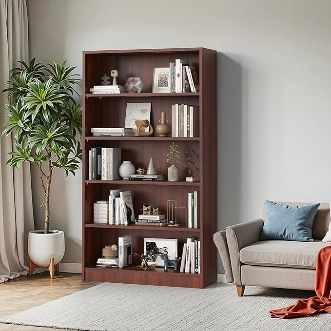 Farini 60 Inch Tall 5-Shelf Bookcase, Wood Bookshelf Storage Organizer Adjustable Shelf for Home Office, Study Room, Easy Assembly,Mahogany