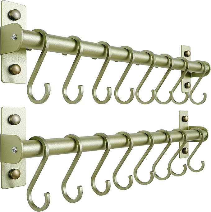 Dseap Kitchen Utensil Holder Hanger, Pot and Pan Rack Wall Mounted, Kitchen Rail with 8 Hooks for Hanging Cooking Utensils, Mugs, Spoons, Wall Mounted, Champagne Color, Pack of 2-NeatNest