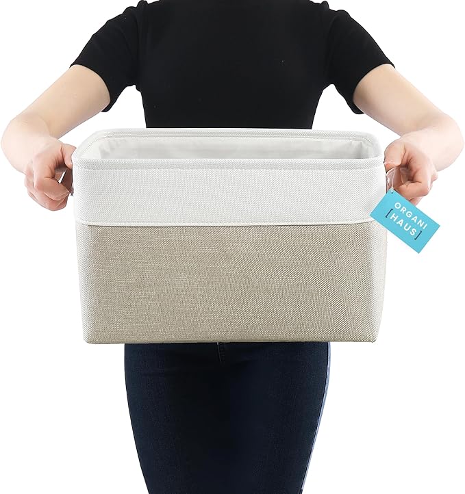 OrganiHaus Large Fabric Storage Baskets for Shelves 3 Pack, 15x11in Closet Storage Bins for Shelves, Cloth Baskets for Organizing, Linen Closet Organizers, Fabric Basket, Beige/White-NeatNest