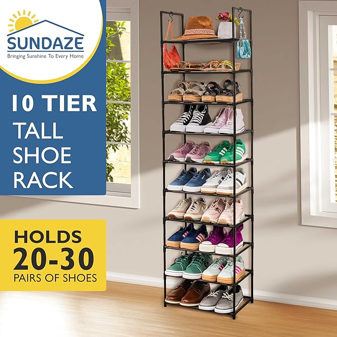 Sundaze Shoe Rack - 10 Tier Tall Shoe Rack for Closet, Sturdy Stackable Shoe Organizer for Closet, Bedroom, Entryway, Garage, Non Woven Fabric Shelf, Black, Holds 20-30 Pairs-NeatNest