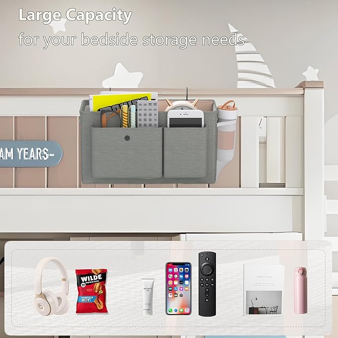 Bedside Caddy Bedside Organizer with Fixed Straps & Water Bottle Holder, Bunk Bed Caddy ideal for Home, Dorm, Hospital, Crib, Versatile Bedside Storage Solution (Grey)-NeatNest