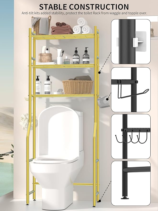 3 Tier Over The Toilet Storage Rack with 2 Basket, Metal Freestanding Bathroom Shelves Toilet with Paper Holder and 4 Hooks, Over Toilet Storage Shelf for Bathroom Storage, Glod-NeatNest