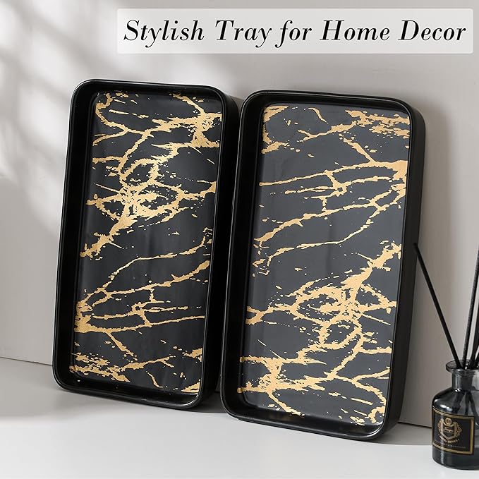 Bathroom Vanity Tray for Countertop,2PC Rectangle Marble Tray Set,Decorative Bathroom Organizer for Scrubber, Lotion Bottles, Perfume, Jewelry, Candle, Key Trinket Ring(Large,Black)-NeatNest