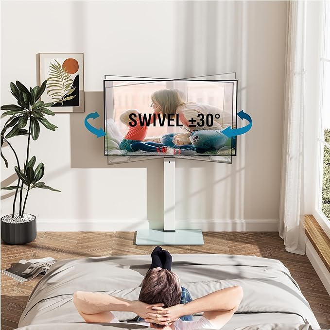 FITUEYES Swivel Floor TV Stand with Mount for TVs 37 43 50 55 60 65 70 75 Inch LCD LED Flat/Curved Screens Universal Swivel Televisions TV Mount Stand for Bedroom Living Room Black Tempered Glass Base-NeatNest