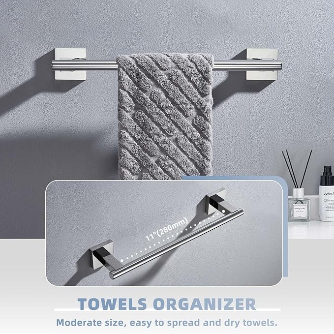 Hand Towel Bar 14", Suyar SUS304 Stainless Steel Shower Towel Holder, Bathroom Kitchen Closet Cabinet Washcloth Rack Wall Mounted, Polished Chrome