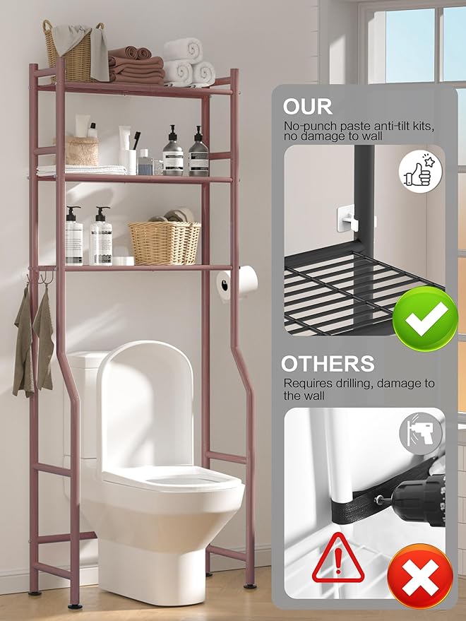 3 Tier Over The Toilet Storage Rack with 2 Basket, Metal Freestanding Bathroom Shelves Toilet with Paper Holder and 4 Hooks, Over Toilet Storage Shelf for Bathroom Storage, Bronze-NeatNest