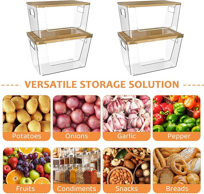 4 Pack Potato Storage with Lids – Front Open Kitchen Pantry Organizer and Storage, Stackable Storage Bins for Onion, Garlic, Fruit, Produce, Vegetable