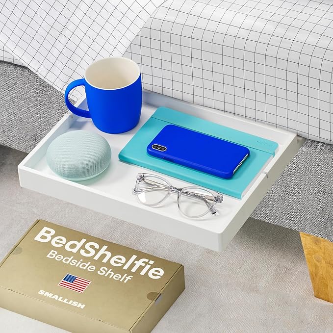 BedShelfie Bedside Shelf for Dorm Room Bunk Bed & Top Bunk, College Dorm Room Essentials, Bedside Caddy, Clip on Floating Desk Tray, Bed Side Table Storage, Loft Nightstand Decor- White Wood Slide-NeatNest