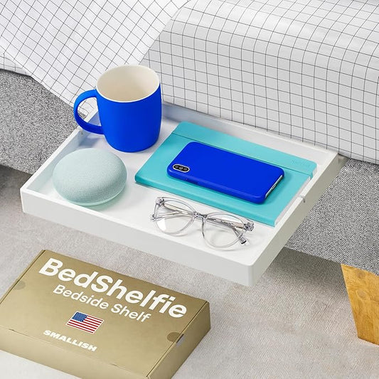 BedShelfie Bedside Shelf for Dorm Room Bunk Bed & Top Bunk, College Dorm Room Essentials, Bedside Caddy, Clip on Floating Desk Tray, Bed Side Table Storage, Loft Nightstand Decor- White Wood Slide-NeatNest