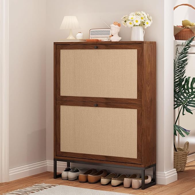 AVZEAR Freestanding Shoe Organizer with 2 Flip Drawer Doors, Entryway & Closet Shoe Storage, Linen Doors, Walnut-NeatNest