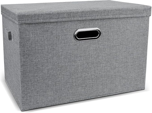 DAYARD Foldable Storage Boxes with Lids Linen Fabric Stackable Storage Bins Organizer Containers Baskets Cube with Cover for Closet Office Nursery, Grey XL (20 x 14 x 12)-NeatNest