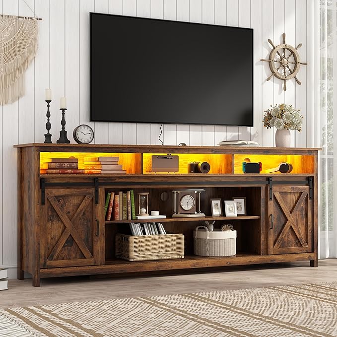 80in Wooden Farmhouse Entertainment Center for 90/85 inch TV,Double Layer Storage Farmhouse TV Stand,Double-Row Sockets with Wood Sliding Barn Door TV Stand(Double Layer Vintage Brown)-NeatNest