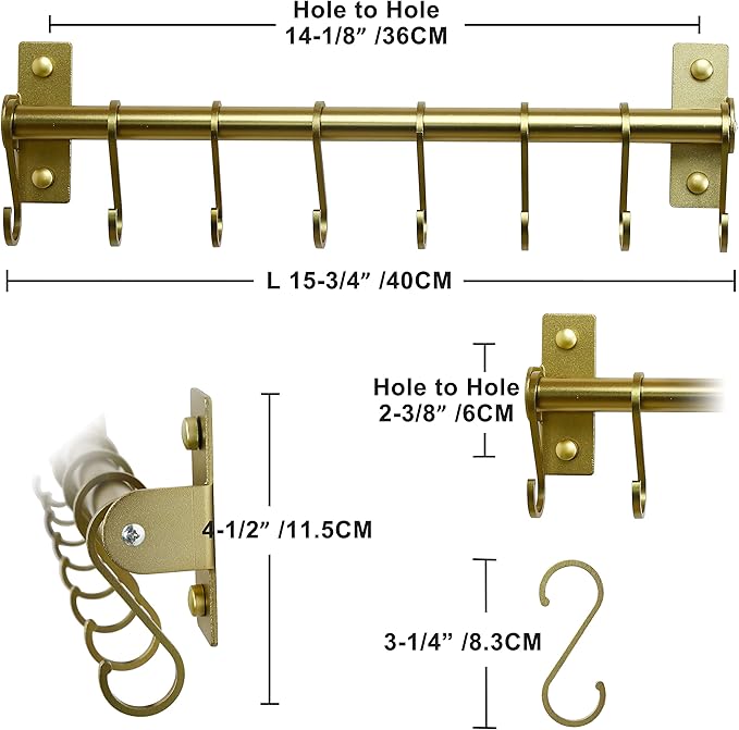 Dseap Kitchen Utensil Holder Hanger, Pot and Pan Rack Wall Mounted, Kitchen Rail with 8 Hooks for Hanging Cooking Utensils, Mugs, Spoons, Wall Mounted, Champagne Color, Pack of 2-NeatNest