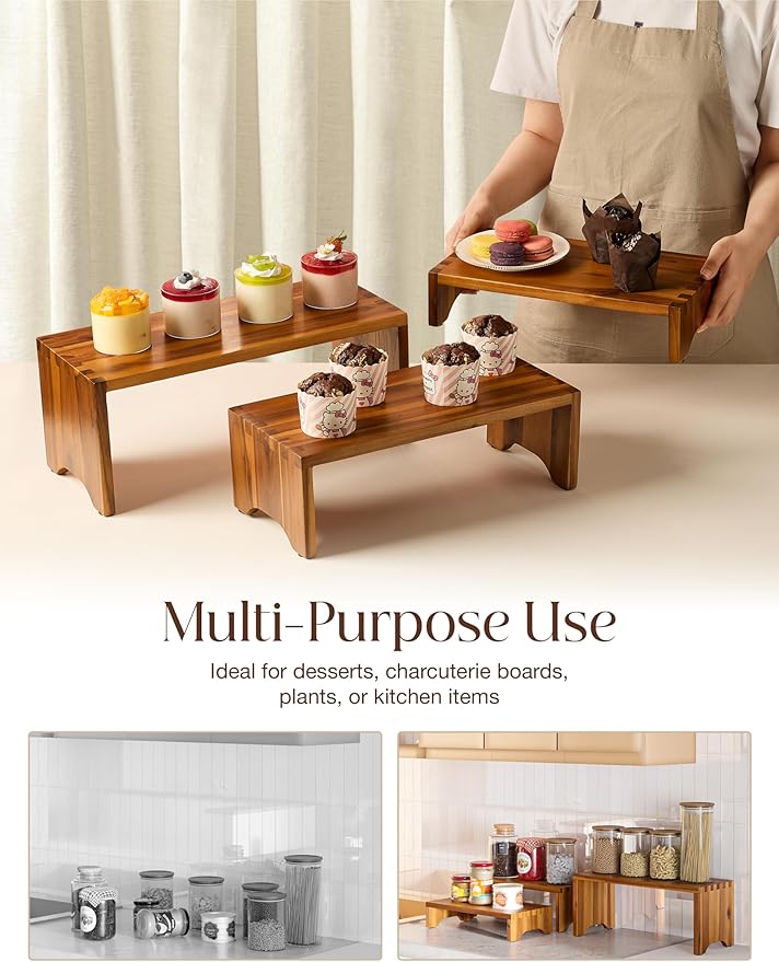 Acacia Wood Risers Display Stands Set of 3 - Wooden 3 Tier Cupcake Stand - 3 Tiered Riser for Vendors - Decorative Display Risers for Food Desserts Stand, Perfume, Funko POP at Party Wedding-NeatNest