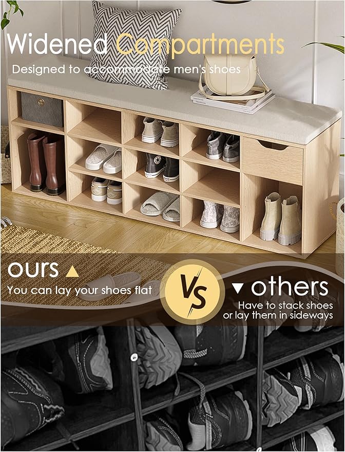 DINZI LVJ Shoe Bench, Entryway Storage Bench with Drawer and 14 Cubbies, Long Cubby Shoe Rack with Adjustable Shelves, Shoe Organizer for Living Room, Bedroom, Mudroom, Garage,Natural-NeatNest