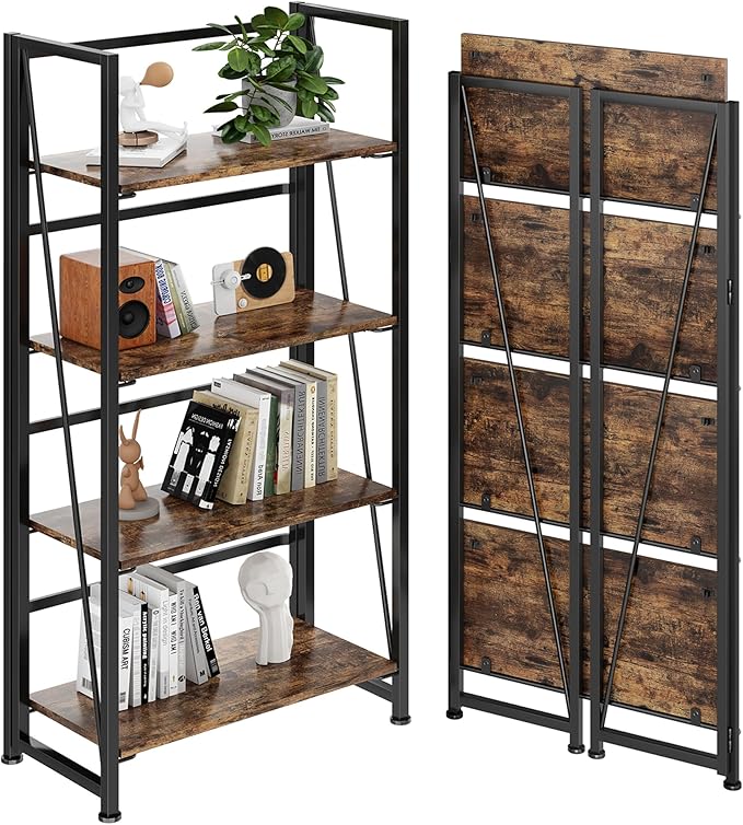 BHG Vintage Multifunctional Bookcase Folding Bookshelf, No-Assembly Plant Stand Storage Rack Shelves for Home Office (Fire, 4-Tier)-NeatNest