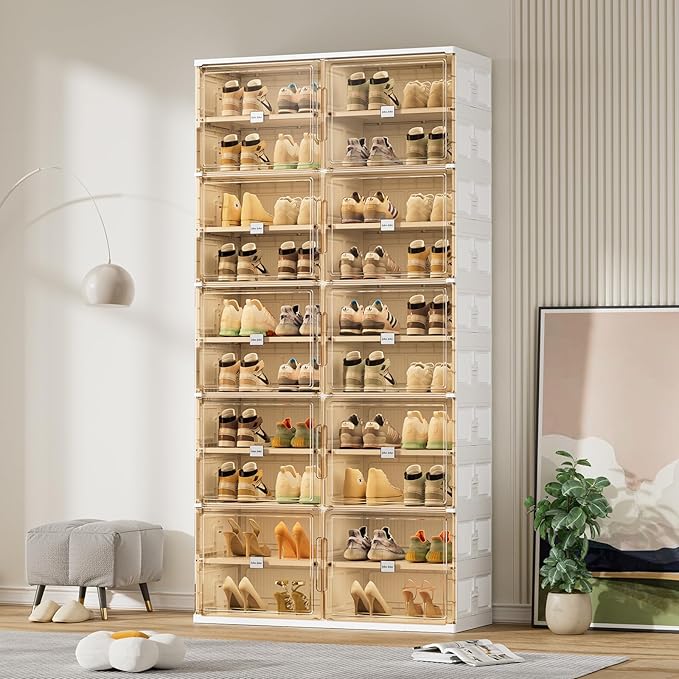 JEKO&JEKO 10 Tiers Foldable Shoe Rack Organizer Cabinet for Closet Entryway, Large Collapsible Shoe Storage Box with Magnetic Doors Fits Up to 40 Pairs (White)-NeatNest