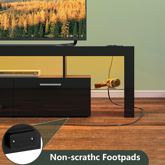 Clikuutory Modern LED Black 67 inch TV Stand with Power Outlet and Large Storage for 40 50 55 60 65 70 75 Inch TVs, Wood TV Console with High Glossy Entertainment Center for Living Room, Bedroom-NeatNest