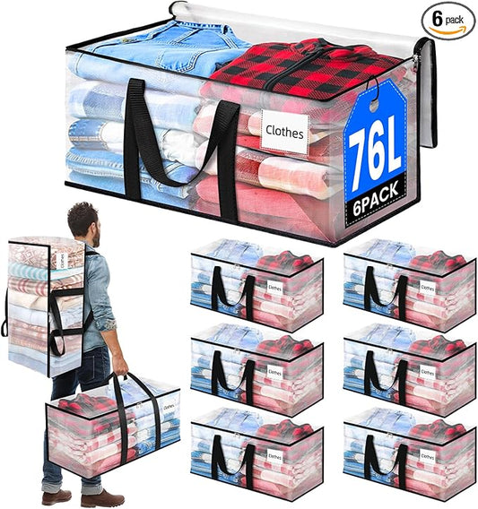 BlissTotes 6-Pack Large Moving Bags with Backpack Straps & Strong Zippers, Heavy-Duty Storage Bags Moving Boxes for Space Saving, Dorms, Transport, 76L-20 Gallons, Clear-NeatNest