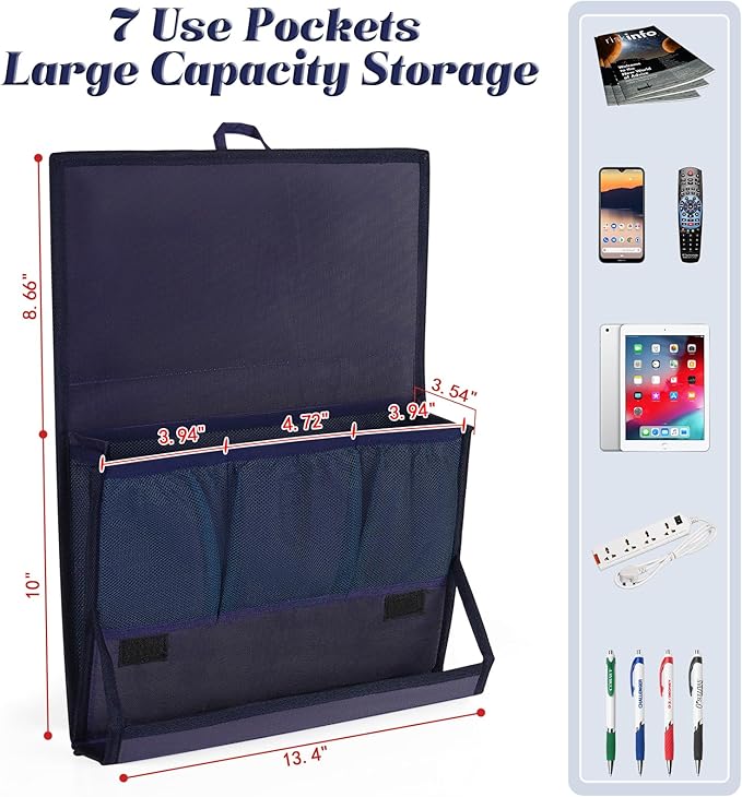 Bedside Storage Organizer with Power Strip Holder and Adjustable Straps Bed Hanging Bag for Home Bunk Bed Dorm Sofa (Navy Blue)-NeatNest