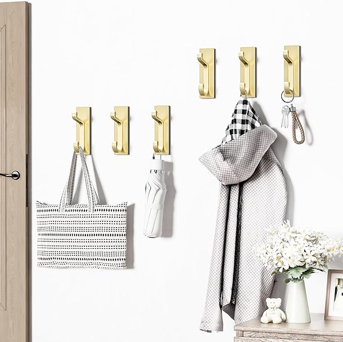 Gold Self Adhesive Wall Hooks for Coats - Stainless Heavy Duty Double Hook for Clothes, Towel, Keys, Purse, Backpack, Bag, Hat, 6 Pack Coat Hook for Door, Bathroom, Bedroom.