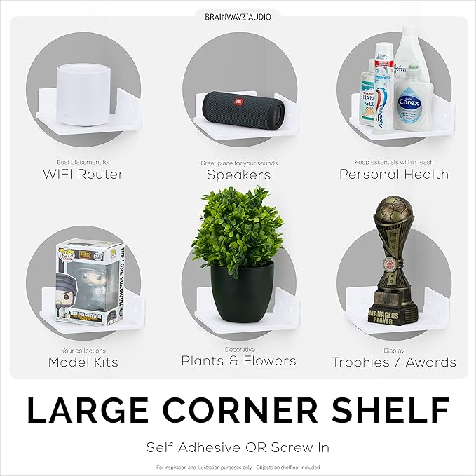BRAINWAVZ 6.5" Corner Shelf Mount for Speakers, Cameras, Baby Monitors, Plants, Books Electronics, Collectibles & More, Adhesive & Screw in Floating Shelves (White)-NeatNest