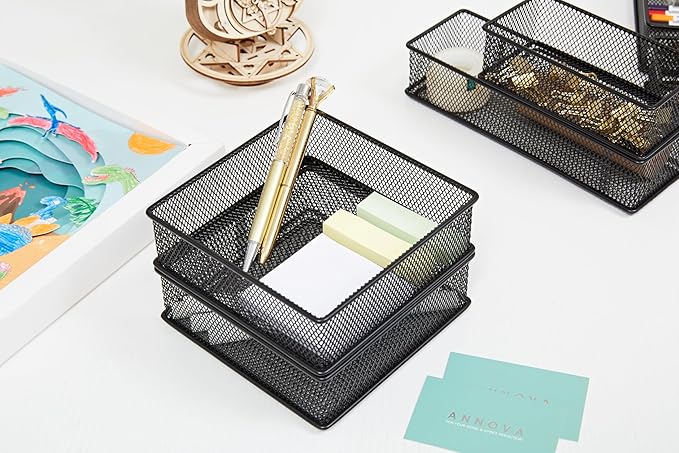 Annova Mesh Stackable Drawer Cabinet and Shelf Organizer Bins Storage Basket School Office Supply Holder Tray- Set of 2 (Black, 6x6x2 Inch)-NeatNest