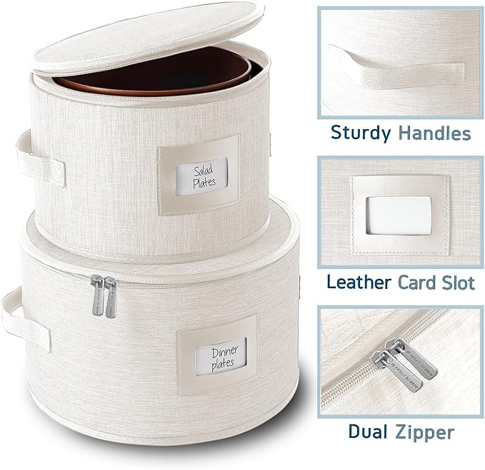 Fine China Storage Containers, 5 Piece Quilted Dish Storage Containers, Mug, Cup, and Plate Dish Organizer with Felt Dividers, Service of 12 Dinnerware Boxes for Moving, Seasonal Organization, Cream-NeatNest