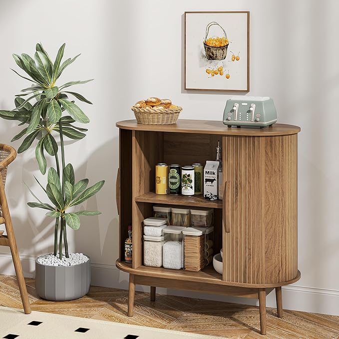 Accent Small Storage Cabine, Buffet Cabinet with Storage, Mid Century Modern Sliding Door Sideboard Cabinet for Kitchen, Entryway (Walnut)