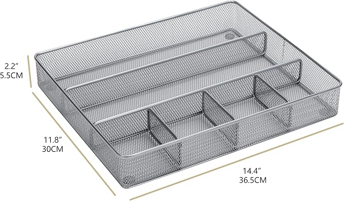 Annova Desk Top Organizer Tray for Office Organization - Metal Mesh - Storage Tray with Dividers for Pens, Desktop Accessories, Bathroom, Kitchen, Makeup and Office Supplies (Large, Silver)-NeatNest