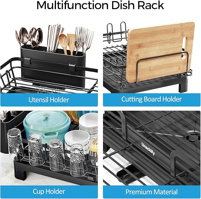 Dish Drying Rack, Extendable Dish Rack for Kitchen Counter, Large Sink Drying Dish Drainer, Stainless Steel Dish Strainer with Drainboard & Cups Holder, Black