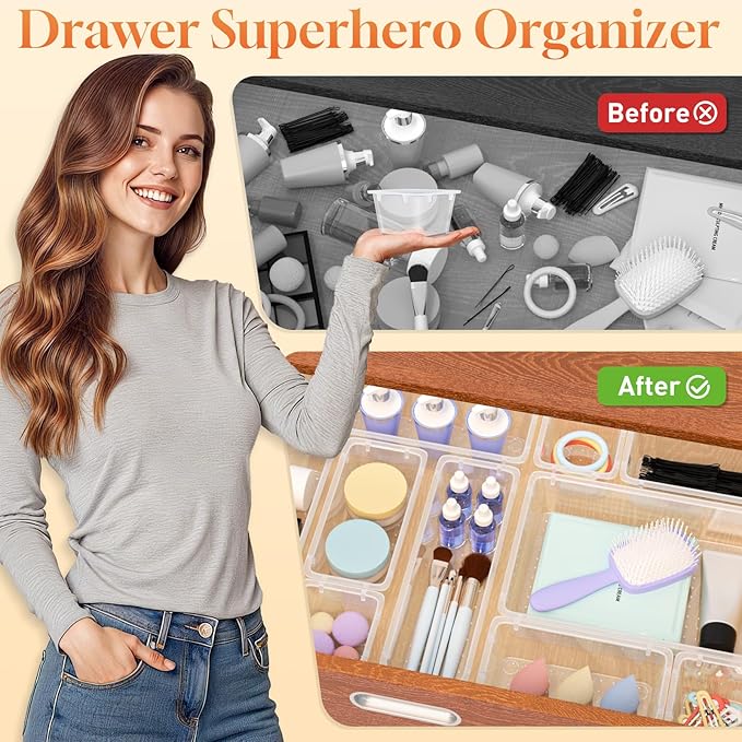 27 PCS Clear Plastic Drawer Organizers Set, 4-Size Versatile Bathroom and Vanity Drawer Organizer Trays, Storage Bins for Makeup, Bedroom, Kitchen Gadgets Utensils and Office-NeatNest