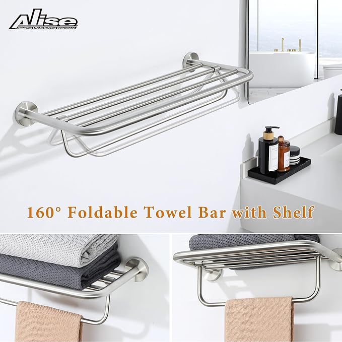 Alise 24 Inch Towel Racks for Bathroom, Foldable Towel Hanger Towel Shelf with Tower Bar, Heavy Duty Towel Holder, SUS 304 Stainless Steel Wall Mount Towel Rail, Brushed Nickel