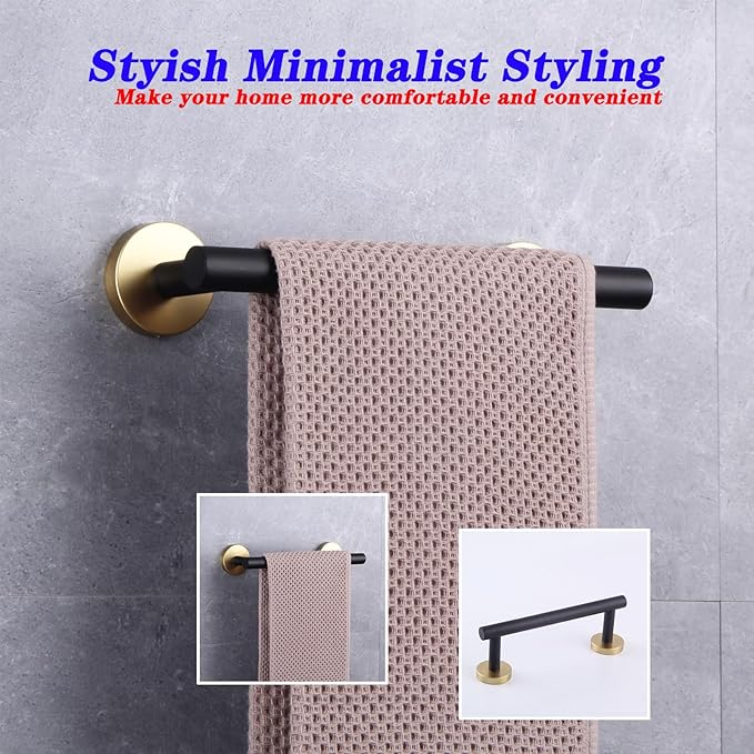 GERZWY 9-Inch Bath Towel Bar Modern Round Style Bathroom Towel Bar SUS 304 Stainless Steel Wall Mount (Black & Gold) AG1101C23-BD
