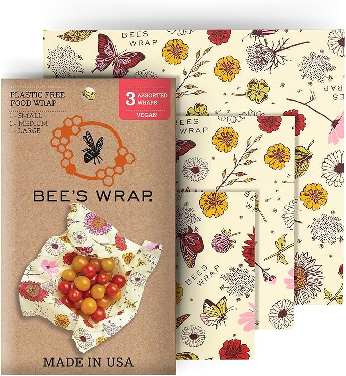 Bee's Wrap Vegan Beeswax Wraps for Food - Vegan Meadow Magic 3 Pack (S, M, L) Made in USA Reusable & Organic Food Wraps, Sandwich Wrap & Bowl Covers - Eco Alternative to Aluminum Foil & Plastic Wrap-NeatNest