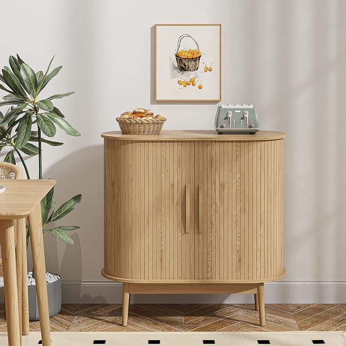 Accent Small Storage Cabine, Buffet Cabinet with Storage, Mid Century Modern Sliding Door Sideboard Cabinet for Kitchen, Entryway (Oak)