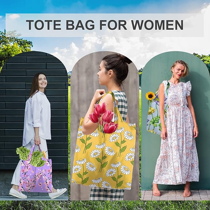 BeeGreen Floral Foldable Grocery Reusable Bags Large Shopping Tote for Groceries Cute Cloth Bags With Handles Gift Bag Groceries Tote -bag Bulk Polyester Heavy Duty Holiday-NeatNest