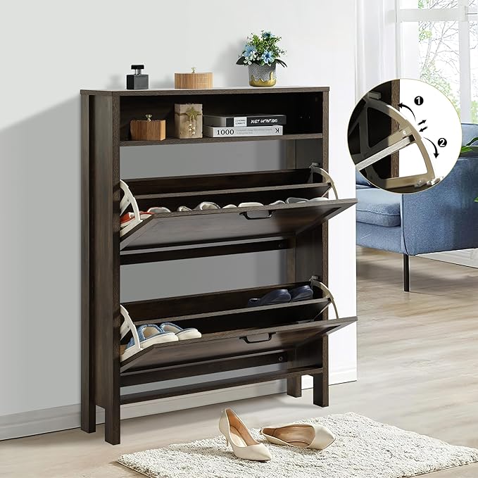Shoe Cabinet with 2 Flip Drawers, Narrow Shoe Storage Cabinet, Freestanding Shoe Cabinet Organizer, Hidden Shoe Rack Cabinet for Entryway, Hallway (2-Drawers, Brown/2-drawers)-NeatNest
