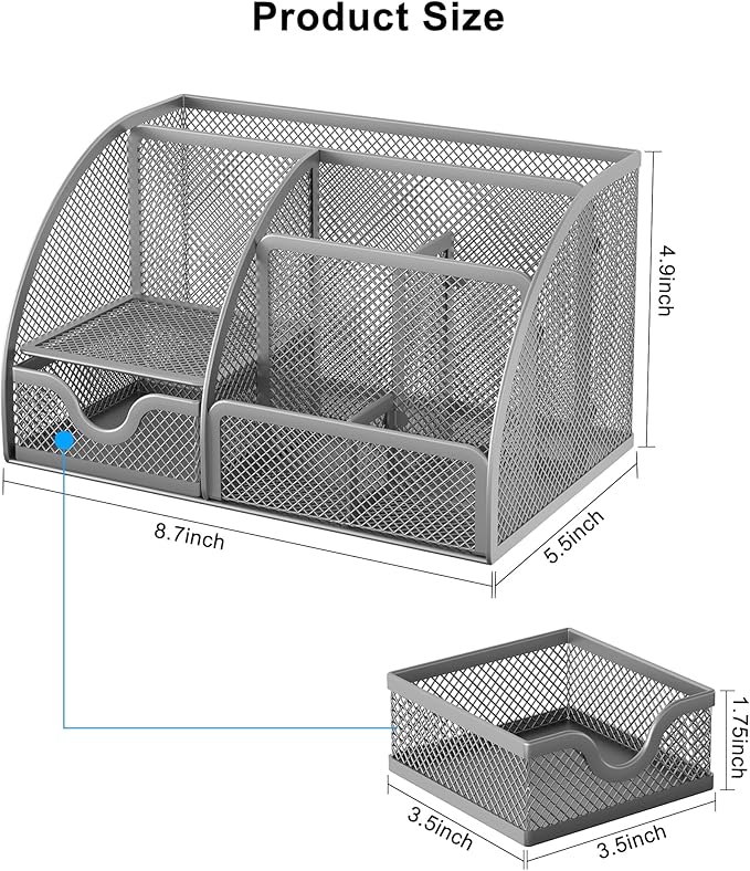 EasyPAG Mesh Desk Organizer, Multi-functional Stationery Organizer for School Supplies, Office Pen Holder for Desk, 6 Compartments Dorm Organization with Drawer, Silver