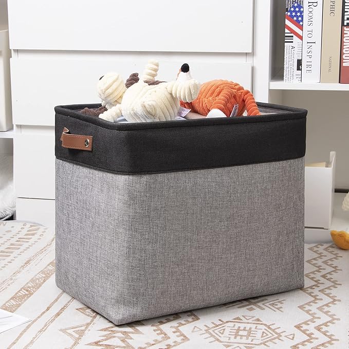DULLEMELO Large Collapsible Storage Basket/Bin with Sturdy Leather Handles, Fabric Organizer Bin for Storage Clothes, Toys, Books, Office, Bedroom, Closet, Nursery & Laundry (Black&Gray)-NeatNest