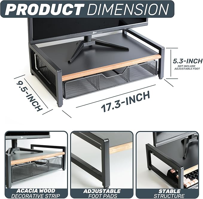 Monitor Riser,Monitor Stand for Desk -Metal Computer Riser with Solid Wood Decorative Strips.Desk Storage for Office, Home (with Storage)