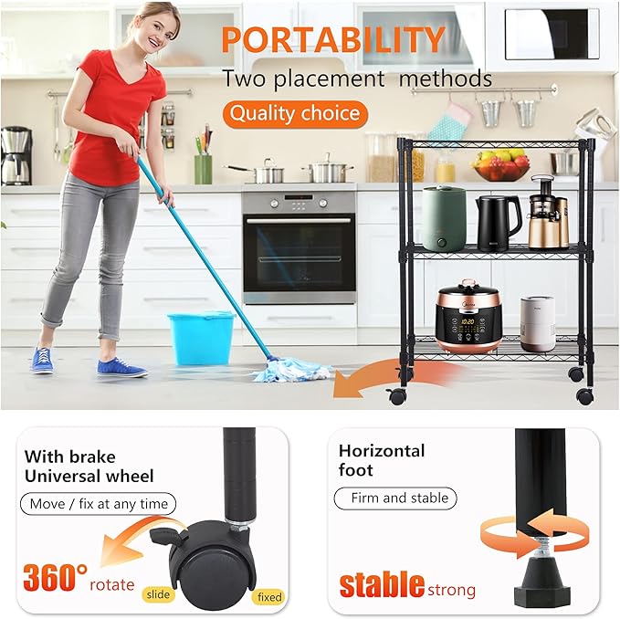 BestOffice 3-Tier Adjustable Wire Shelving Storage Shelves Heavy Duty Shelving Unit with Wheels for Small Places Kitchen Garage Balcony,Black-NeatNest