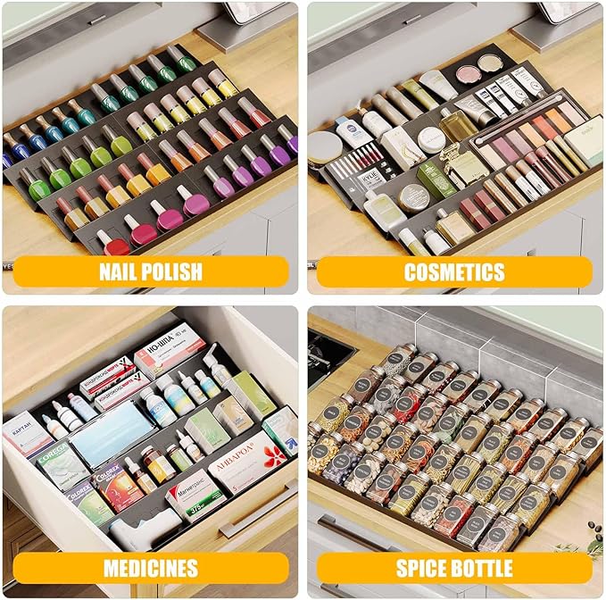 Famhap Spice Drawer Organizer, 4 Tier Expandable from 11.6" to 23.2" Seasoning Rack Tray Insert for Kitchen Drawers, Spice Rack Tray for Drawer/Countertop-NeatNest
